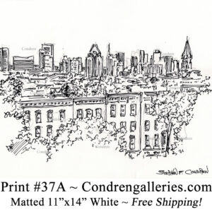 Baltimore Skyline #37A is a pen & ink cityscape drawing with a view of the skyscrapers over neighborhood roofs.