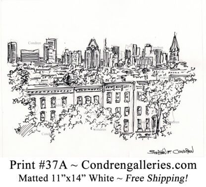 Baltimore Skyline #37A is a pen & ink cityscape drawing with a view of the skyscrapers over neighborhood roofs.