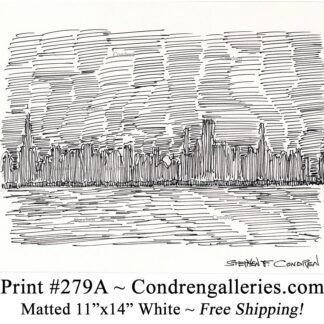 Chicago skyline 279A pen & ink cityscape drawing of downtown skyscrapers at night by Stephen Condren.