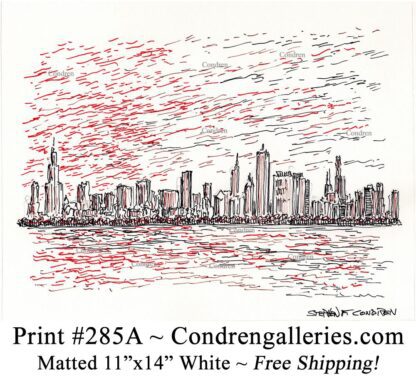 Chicago skyline 285A red, brown, black pen & ink cityscape drawing of downtown skyscrapers at sunset by Stephen Condren.