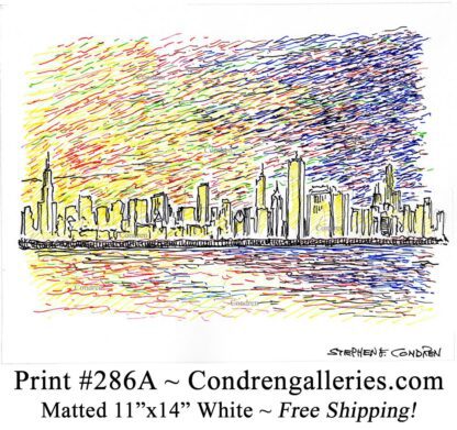 Chicago skyline 286A multi color pen & ink cityscape drawing of downtown skyscrapers at sunset by Stephen Condren.