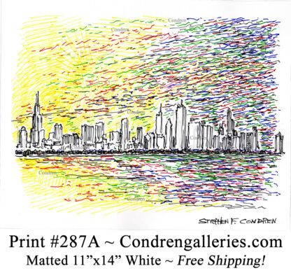 Chicago skyline 287A multi color pen & ink cityscape drawing of downtown skyscrapers at sunset by Stephen Condren.