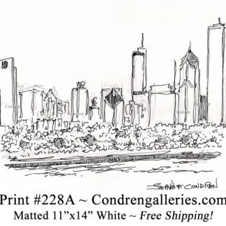 Chicago skyline 228A pen & ink cityscape drawing of skyscrapers in the Loop from Grant Park by Stephen Condren.