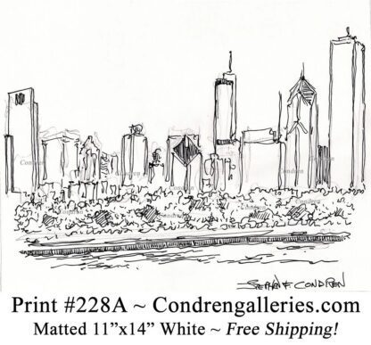 Chicago skyline 228A pen & ink cityscape drawing of skyscrapers in the Loop from Grant Park by Stephen Condren.