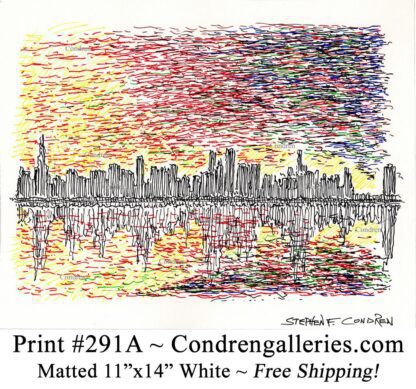 Chicago skyline 291A multi-color pen & ink cityscape drawing of downtown skyscrapers at sunset by Stephen Condren.