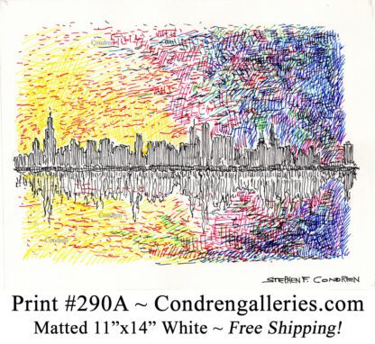 Chicago skyline 290A multi-color pen & ink cityscape drawing of downtown skyscrapers at sunset by Stephen Condren.