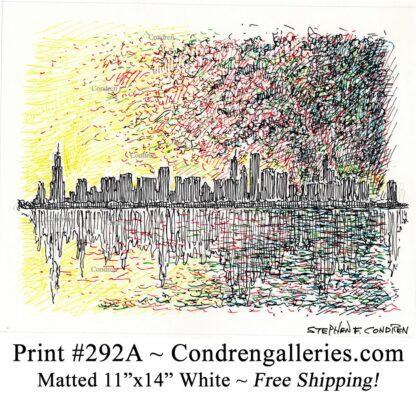Chicago skyline 292A multi-color pen & ink cityscape drawing of downtown skyscrapers at sunset by Stephen Condren.