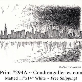Chicago skyline 294A pen & ink cityscape drawing of downtown skyscrapers at sunset by Stephen Condren.