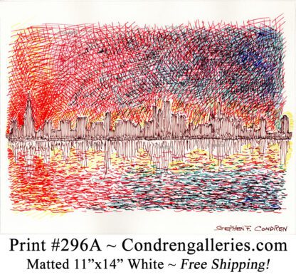 Chicago skyline 296A multi-color pen & ink cityscape drawing of downtown skyscrapers at sunset by Stephen Condren.