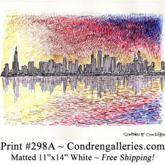 Chicago skyline 298A multi-color pen & ink cityscape drawing of downtown skyscrapers at sunset by Stephen Condren.