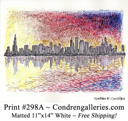 Chicago skyline 298A multi-color pen & ink cityscape drawing of downtown skyscrapers at sunset by Stephen Condren.
