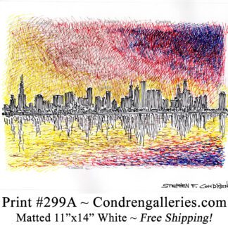 Chicago skyline 299A multi-color pen & ink cityscape drawing of downtown skyscrapers at sunset by Stephen Condren.