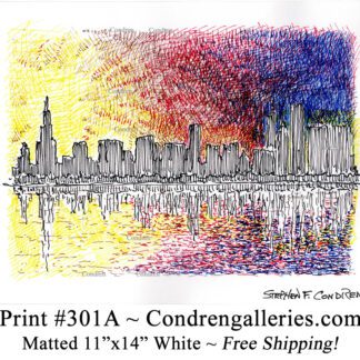 Chicago skyline 301A multi-color pen & ink cityscape drawing of downtown skyscrapers at sunset by Stephen Condren.