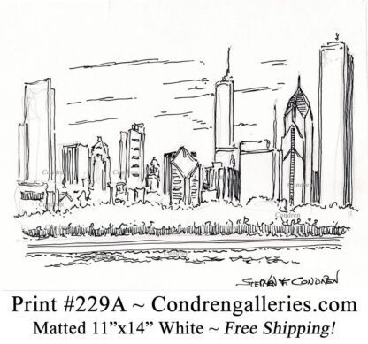 Chicago skyline 229A pen & ink cityscape drawing of skyscrapers in the Loop from Grant Park by Stephen Condren.
