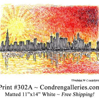 Chicago skyline 302A multi-color pen & ink cityscape drawing of downtown skyscrapers at sunset by Stephen Condren.
