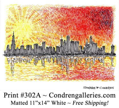 Chicago skyline 302A multi-color pen & ink cityscape drawing of downtown skyscrapers at sunset by Stephen Condren.