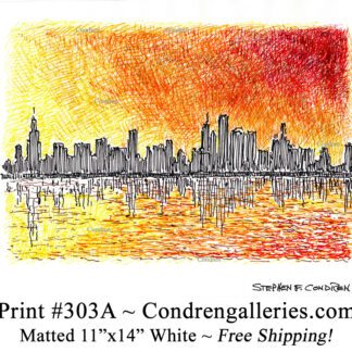 Chicago skyline 303A multi-color pen & ink cityscape drawing of downtown skyscrapers at sunset by Stephen Condren.