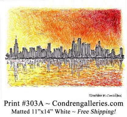 Chicago skyline 303A multi-color pen & ink cityscape drawing of downtown skyscrapers at sunset by Stephen Condren.