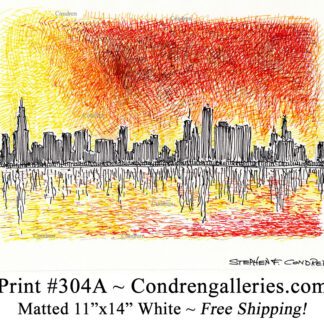 Chicago skyline 304A multi-color pen & ink cityscape drawing of downtown skyscrapers at sunset by Stephen Condren.