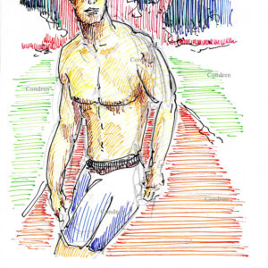 Chris Hemsworth 308A multi-color pen & ink celebrity actor torso drawing by artist Stephen Condren.