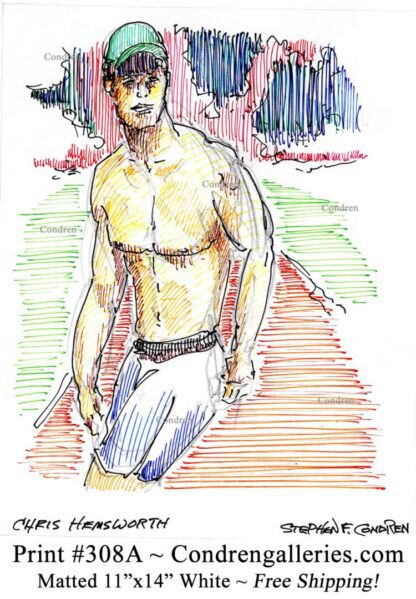 Chris Hemsworth 308A multi-color pen & ink celebrity actor torso drawing by artist Stephen Condren.