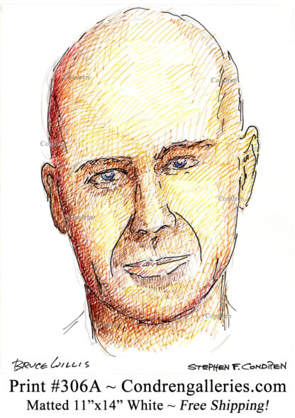 Bruce Willis 306A multi-color pen & ink celebrity actor portrait drawing by artist Stephen Condren.