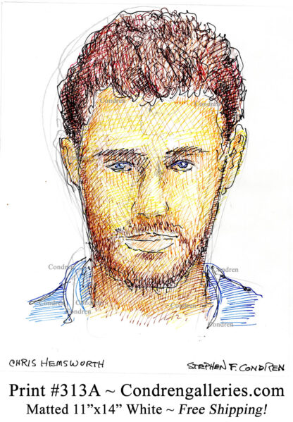 Chris Hemsworth 313A multi-color pen & ink celebrity actor portrait drawing by artist Stephen Condren.