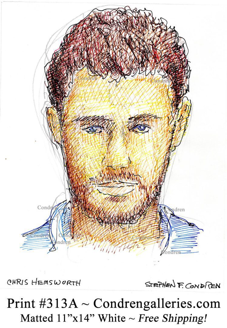 Chris Hemsworth 313a Multi Color Pen Ink Drawing Condren Galleries