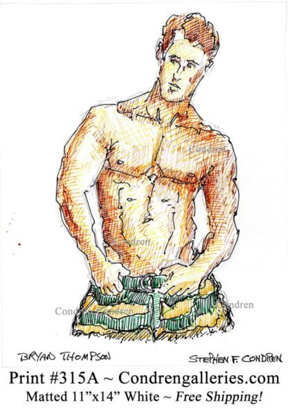 Bryan Thomas 315A multi-color pen & ink celebrity model torso drawing by artist Stephen Condren.