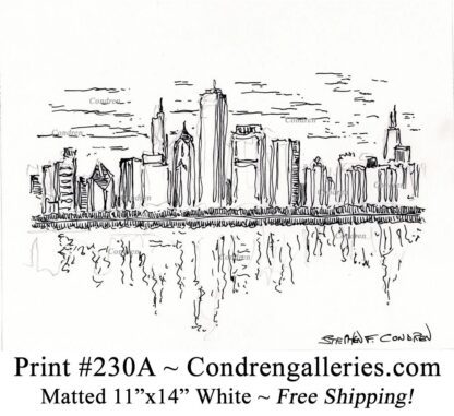 Chicago skyline 230A pen & ink cityscape drawing of skyscrapers on East Randolph Street by Stephen Condren.