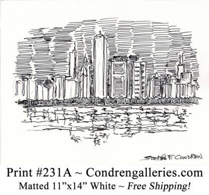 Chicago skyline 231A pen & ink cityscape drawing of skyscrapers on East Randolph Street at night by Stephen Condren.