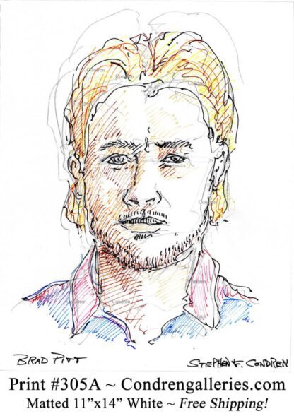 Brad Pitt 305A multi-color pen & ink celebrity actor portrait drawing by artist Stephen Condren.
