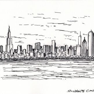 Chicago skyline 244A pen & ink cityscape drawing of skyscrapers in the downtown Loop by Stephen Condren.