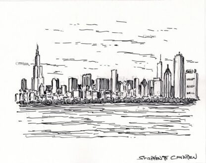 Chicago skyline 244A pen & ink cityscape drawing of skyscrapers in the downtown Loop by Stephen Condren.