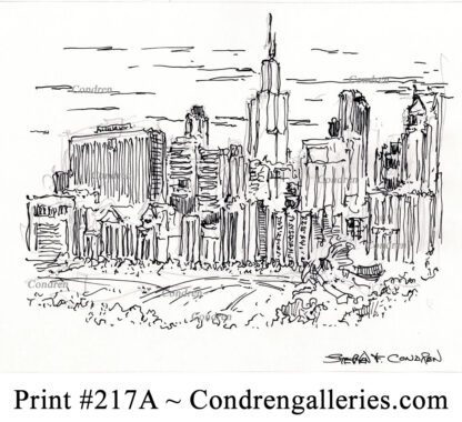 Chicago skyline 217A pen & ink cityscape drawing with view of Millennium Park by artist Stephen Condren.