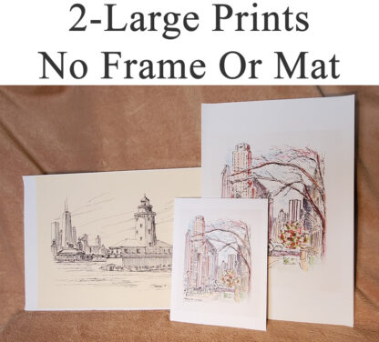 2-large prints of landmarks and city scenes.