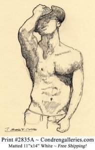 Shirtless gay cowboy male pen & ink figure drawing of a physically fit young shirtless cowboy with a 6-pack. 