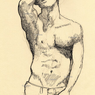 Shirtless Cowboy #2835A pen & ink figure drawing of a physically fit young shirtless cowboy with a 6-pack.