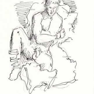 Nude male 333A pen & ink gay figure drawing of a sexy young man with a large flaccid uncut penis.