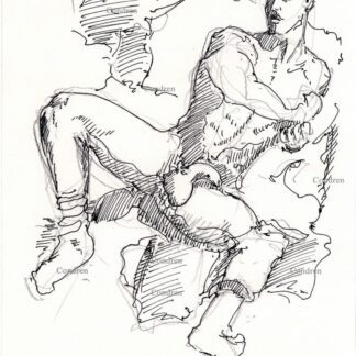 Nude male 338A pen & ink figure drawing of gay model Simon Dexter, with large uncut flaccid penis and harry balls.
