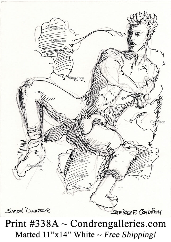 Nude male 338A pen & ink figure drawing of gay model Simon Dexter, with large uncut penis and harry balls.