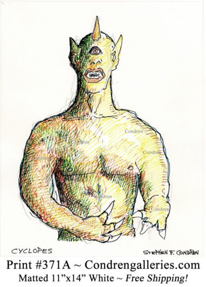 Cyclopes 371A multi-color pen & ink mythology drawing by artist Stephen Condren.