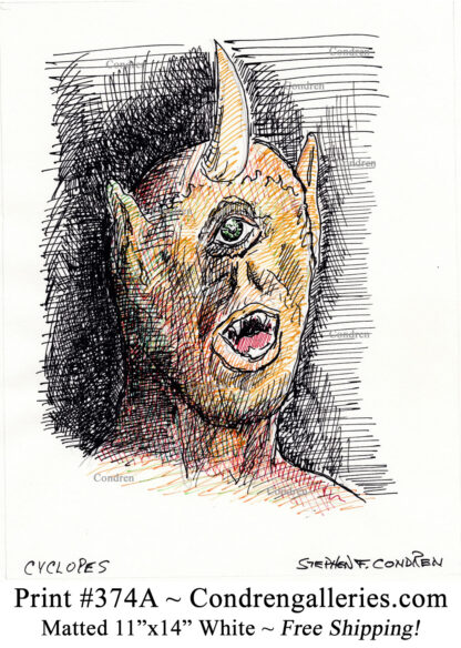 Cyclopes 374A multi-color pen & ink mythology drawing by artist Stephen Condren.