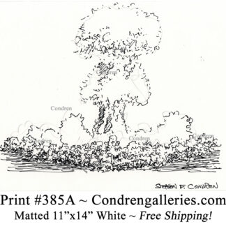 Atom bomb explosion 385A mushroom cloud pen & ink drawing by artist Stephen Condren.