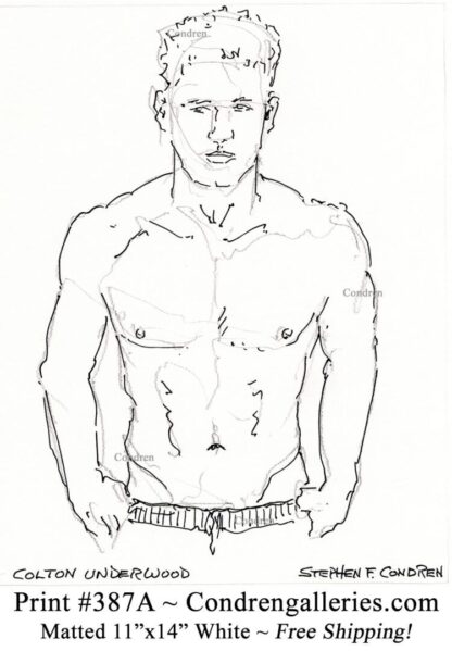 Colton Underwood 387A shirtless male torso figure pen & ink drawing by artist Stephen Condren.