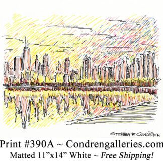 Chicago skyline 390A multi-color pen & ink cityscape drawing of the north shore at sunset by Stephen Condren.
