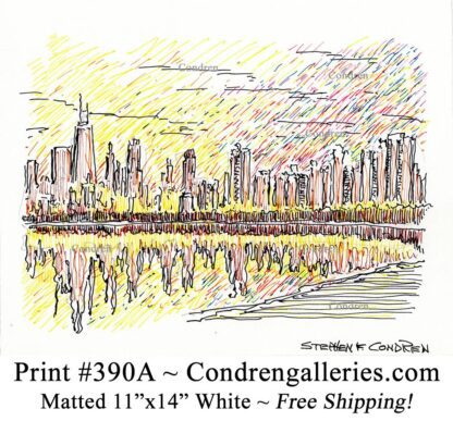 Chicago skyline 390A multi-color pen & ink cityscape drawing of the north shore at sunset by Stephen Condren.