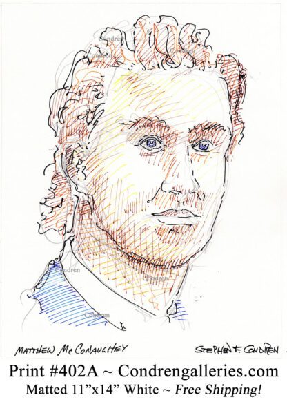 Matthew McConaughey 402A celebrity actor multi-color pen & ink portrait drawing by artist Stephen Condren.