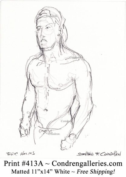 Eric Helms 413A shirtless male torso figure pencil drawing by artist Stephen Condren, with fit torso, and abs.