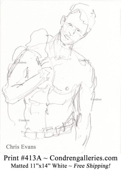 Chris Evans 416A pencil gay figure drawing by Stephen Condren with sexy 6-pack, abs, and fit torso.